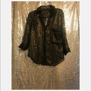 AKIRA Sheer Black Gold  Leopard Blouse SMALL